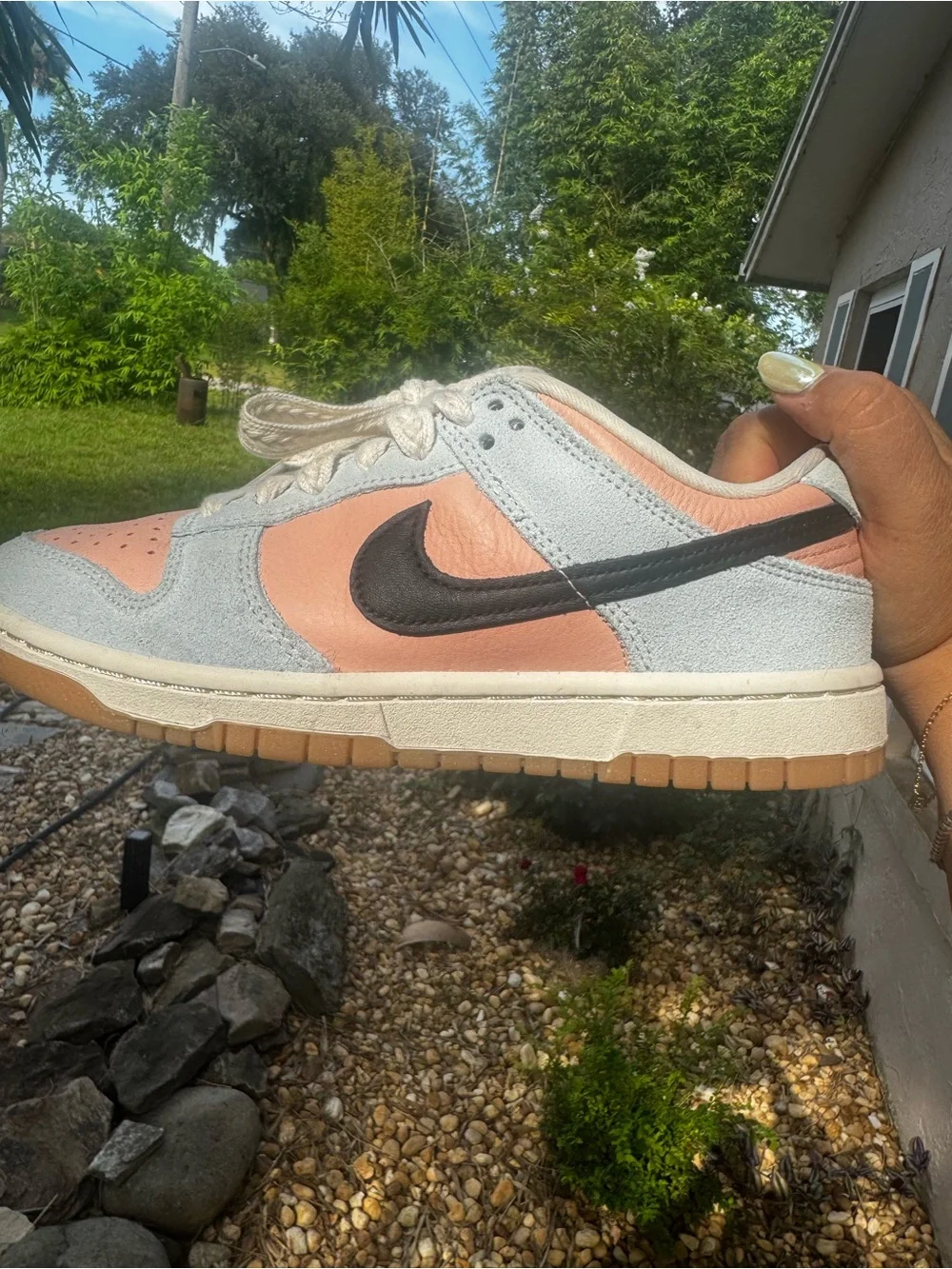 Woman’s Nike Dunk Low-Top Sneakers in Peach/blue with braided laces